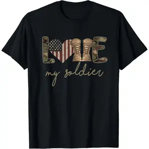 Cotton Short Sleeve I Love My Soldier Military Army Wife USA Camour Flag T-Shirt for Men Women