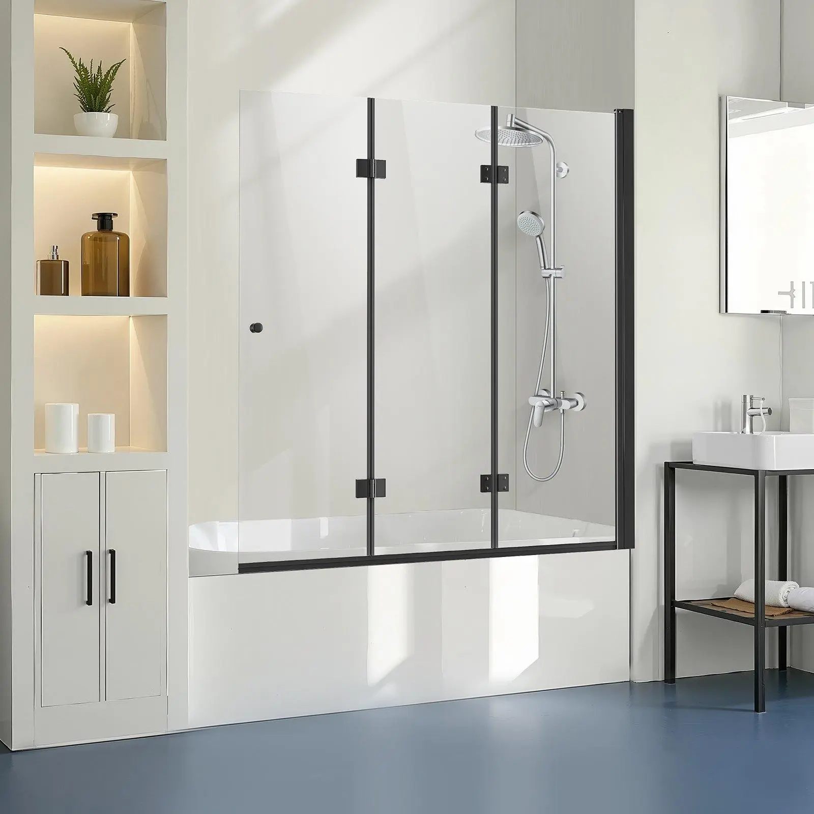 【Summerfinds】VEVOR Bathtub Shower Door, 51 in.W x 56 in.H, Frameless Foldable Hinged Shower Door, Tri-Fold Shower Glass Door with 1/4 in Tempered Glass Door, 180°Rotating and Folding Design, for Bathtub, Black