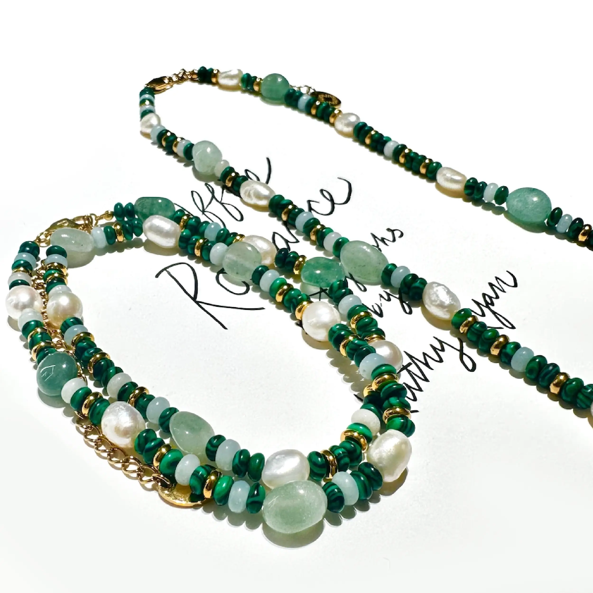 Perlvoya Genuine Jade Fortune Gems Necklace - Nature Jade, Green Gemstone, Amazonite, Aventurine, Malachite, Adjustable, PVD Stainless Steel