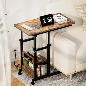 Mobile C-Shaped End Table with Charging Station, Height Adjustable Sofa Couch Table Mobile Laptop Side Table with Wheels ＆ 2-Tier Shelves coffeetables