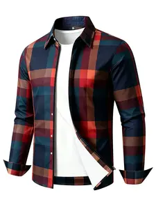 Men's Fashion Plaid Long Sleeve Shirt, Casual Notched Collar Design, Blue Color Block Pattern, Fall Winter, Streetwear Style