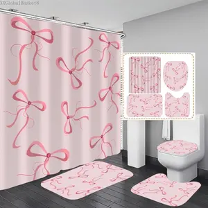4Pcs Pink Bow Shower Curtain Set Cute Bathroom Shower Curtains with 12 Hooks Bow Knot Aesthetic Bathroom Sets with Shower Curtain and AccessoriesXXGlobalBasket8DD15tool sdx
