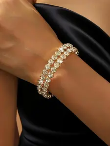 1pcs Elegant 2-Row Crystal Cuff Bangle, Sparkling Rhinestone Open Bracelet for Prom & Party, Minimalist Luxury Jewelry for Bridesmaids, Easy-to-Wear Evening Glamour, Rhinestone Decorated Bracelet