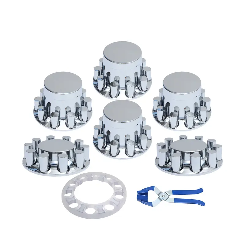 Set of 2 Semi Truck Front Axle Cover Hub Cap Thread-On 33mm Lug Nuts Chrome