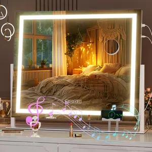 Vanity Mirror with Lights and  Speaker, 24" x 20" LED Makeup Mirror, Light up Mirror with 10X Magnification, USB  Port,  Touch 3 Colors Dimmable (White)
