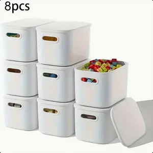 8 Pcs White Stackable Storage Bins with Lids and Handles - Waterproof Plastic Storage Containers for School Supplies, Office Supplies, Holiday Decorations, Clothes, Toys, Snacks, Tools, Kitchenware and Bathroom Essentials