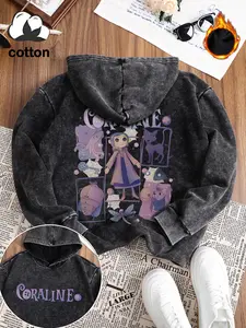 Women's Coraline Anime Graphic Hoodie, Casual Fitted Cotton Long Sleeve Pullover, Fall & Winter Fashion, Printed Sweatshirt