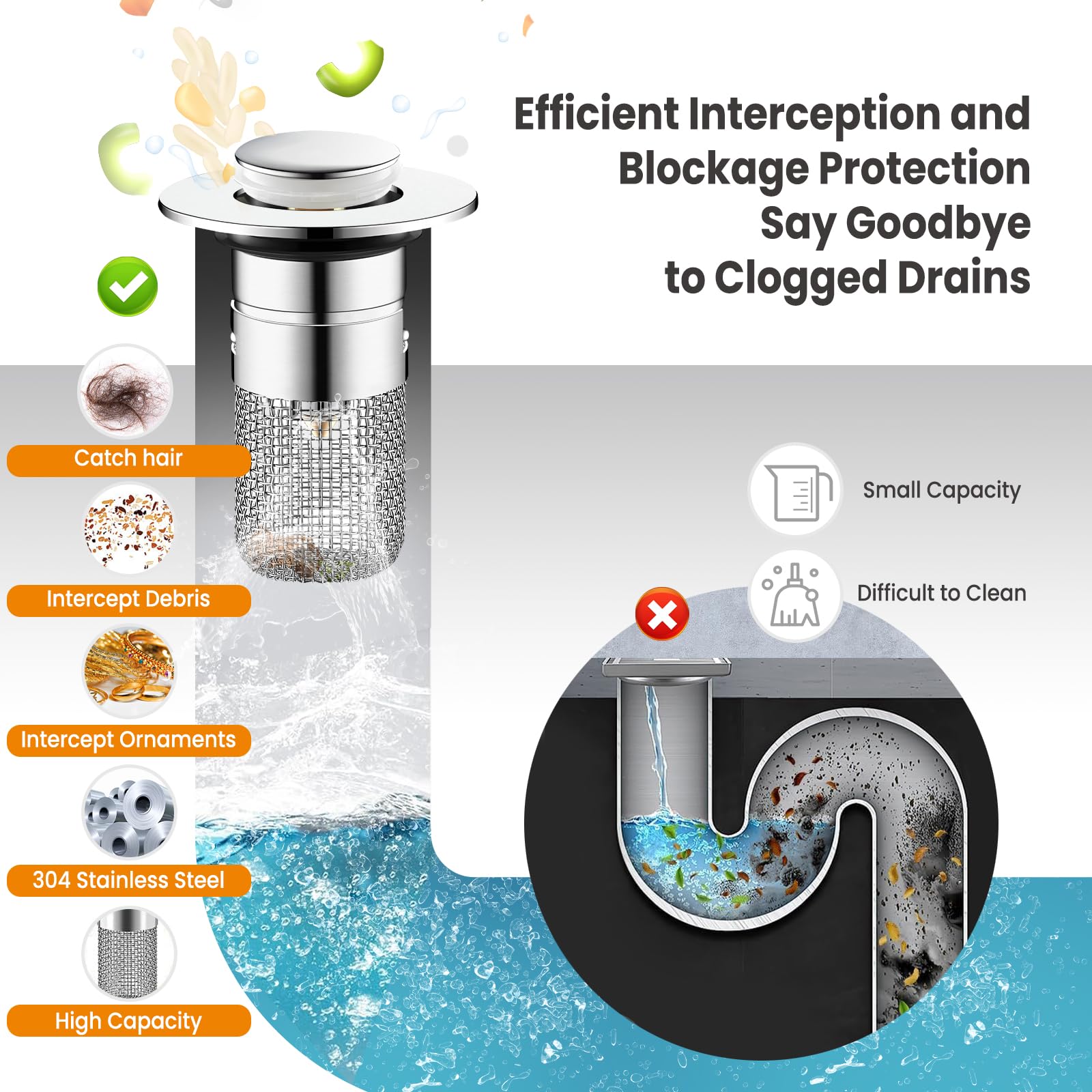 Stainless steel bathroom sink filter screen, bathroom sink stopper, 1/2 inch anti-odor sink rebound core, detachable drain plug, household items, easy-installation rebound-type bathroom drain plug with filter device and odor isolation device