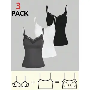 SHEIN Essnce Women 3pcs/Set Casual Lace Patchwork Camisole Tops For Summer Vacation