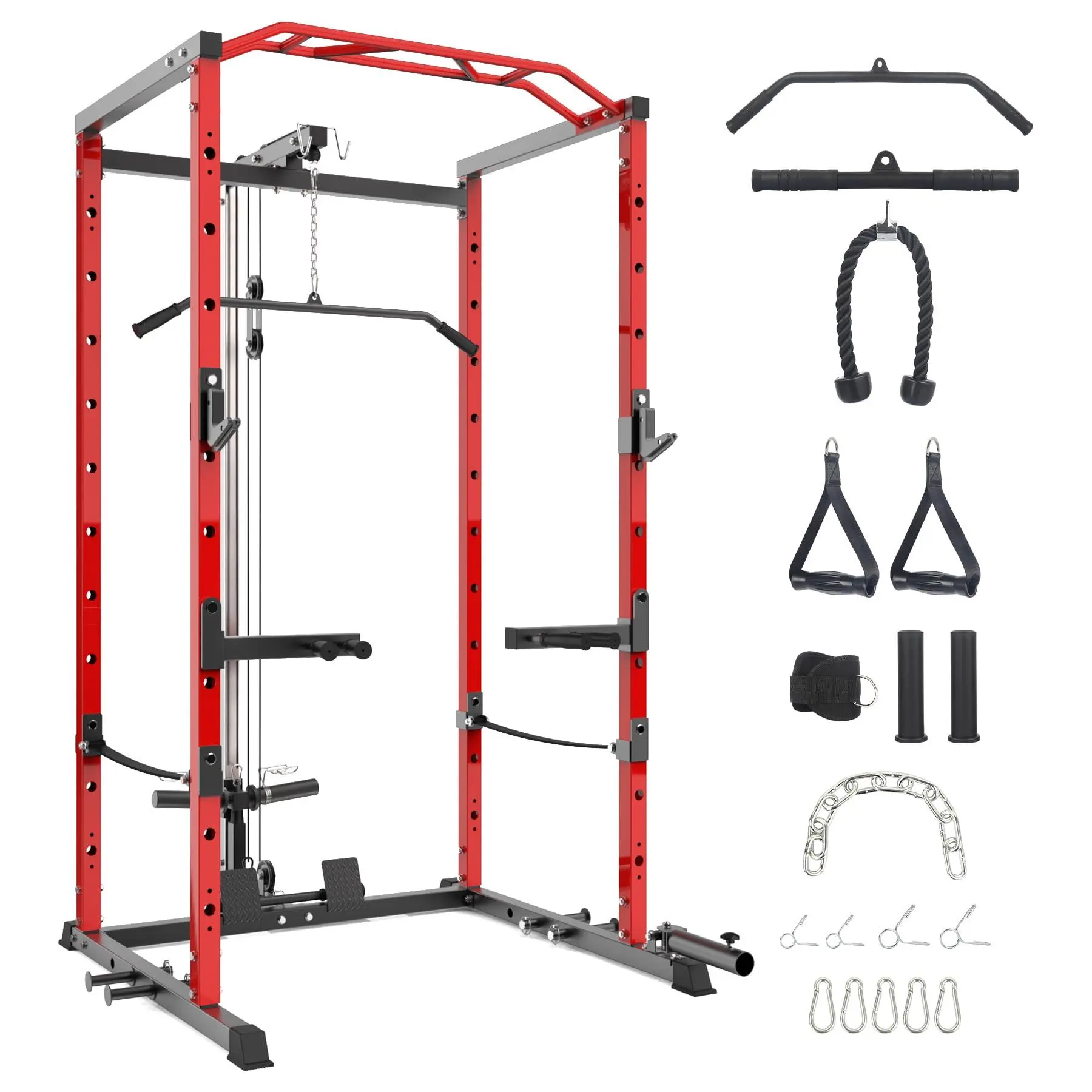 Black/Red Power Cage, Multi-Function Squat Rack with LAT Pulldown, 1600 LBS Weight Capacity Fitness Power Rack with Cable Pulley System and j-Hooks, Dip Bars and Landmine Attachment for Home Gym