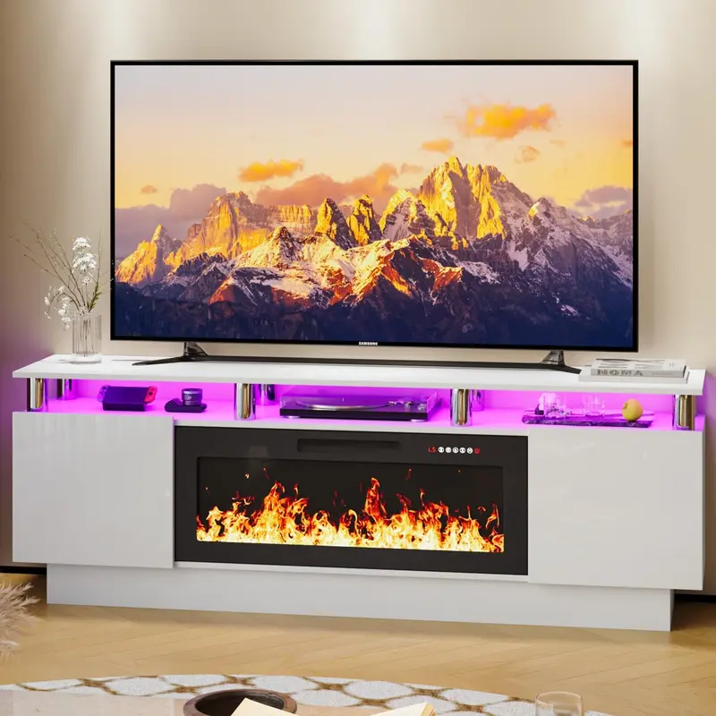 PUKAMI 70 Inches Fireplace TV Stand for TVs up to 80 Inches Console with 36'' Electric Fireplace & Remote, Wooden Modern Entertainment Center for Living Room