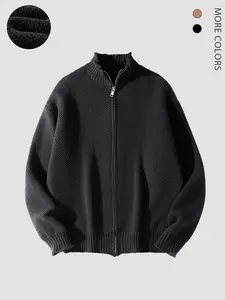 Men's Winter Classic Zipper Cardigan, Fitted Stand Collar Knitwear, Warm Comfortable Fashion Casual Wear for Daily
