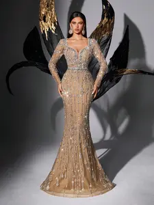 Women's Long Sleeve Rhinestone Mermaid Evening Gown, Champagne Sweetheart Neck Hand Beaded Formal Pageant Prom Dress