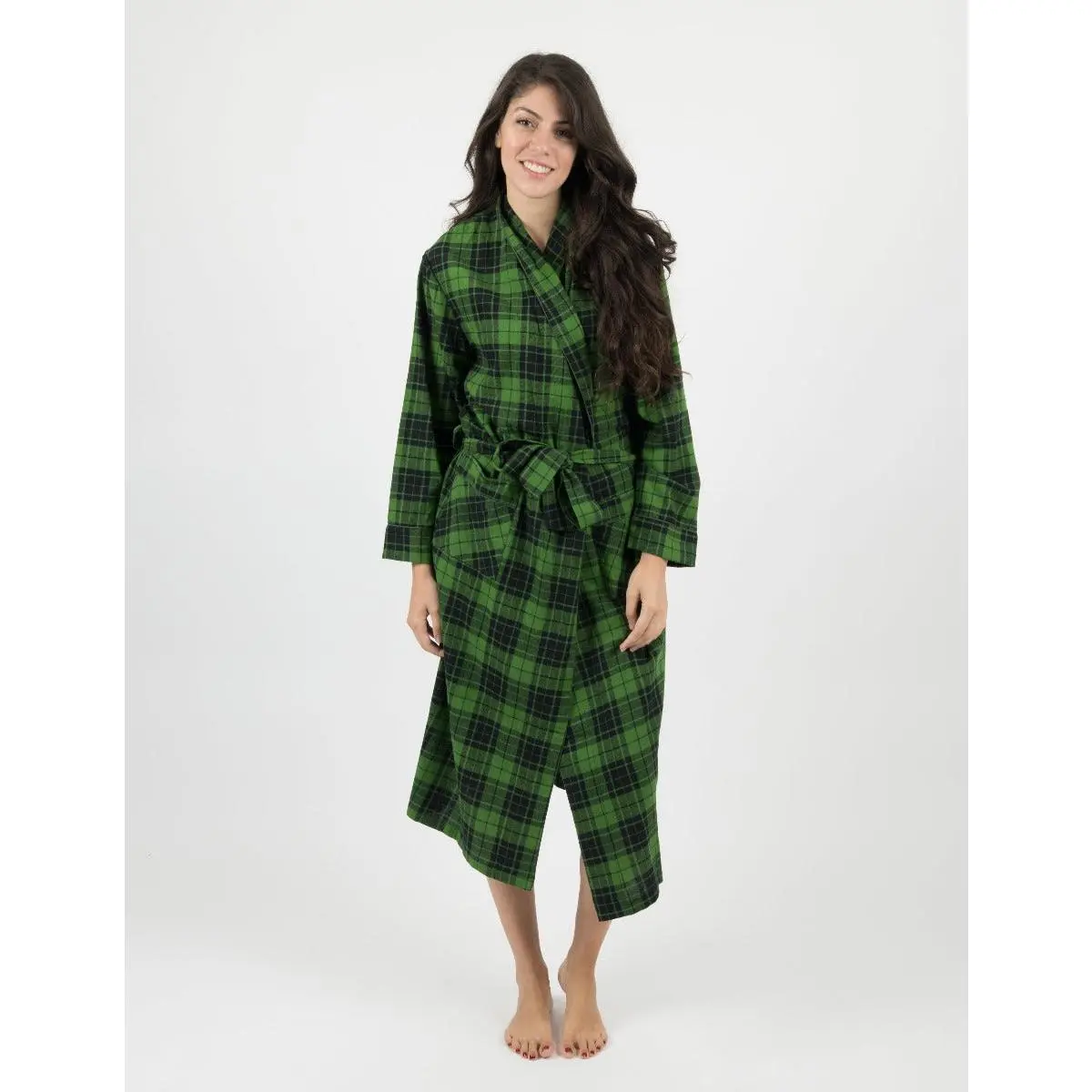 Women's Black & Green Plaid Flannel Robe