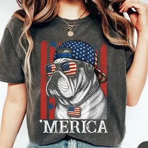 Comfort Colors Merica Bulldog TShirt, Funny Patriotic Dog Tee, American Flag Bulldog Tshirt, Retro 4th Of July Tee, USA Puppy Lover T-Shirt