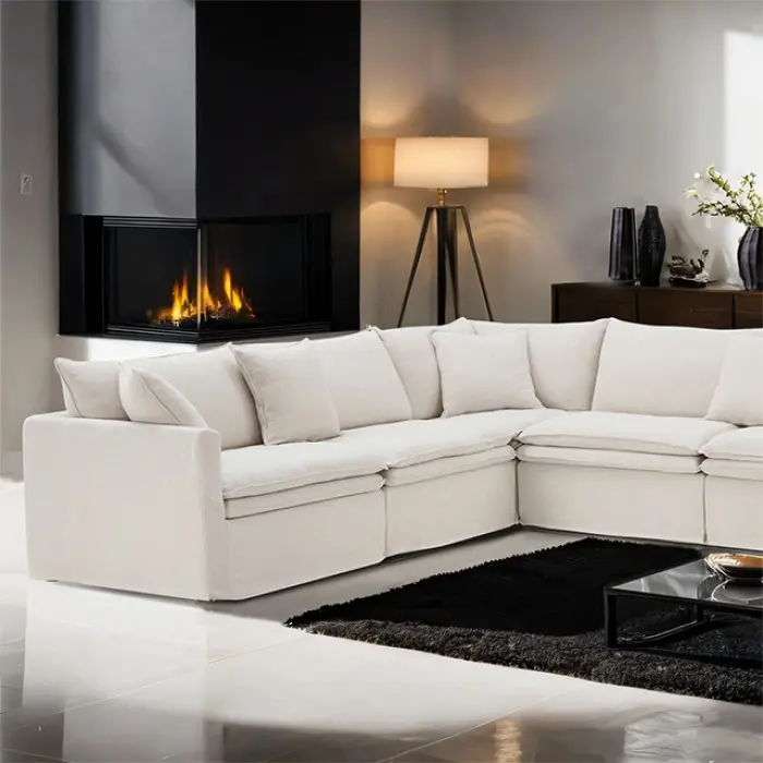FM63010TP-SECT 6 pc Crayford Taupe Linen-like Fabric Modular Sectional Sofa Set with Feather Blend Cushions for Cozy Stylish Seating Arrangement