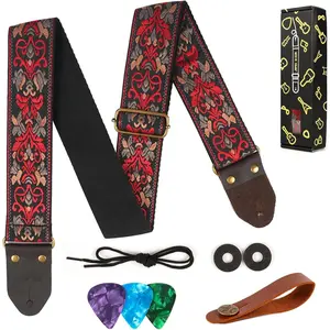 Guitar Strap,Jacquard Embroidered Cotton Guitar Straps with Real Leather Ends for Acoustic Guitars