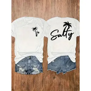 Womens Salty Graphic Tee Short Sleeve Crewneck Summer Beach Vacation Shirt Cute Palm Tree Print Casual Loose Fit Soft Cotton Top