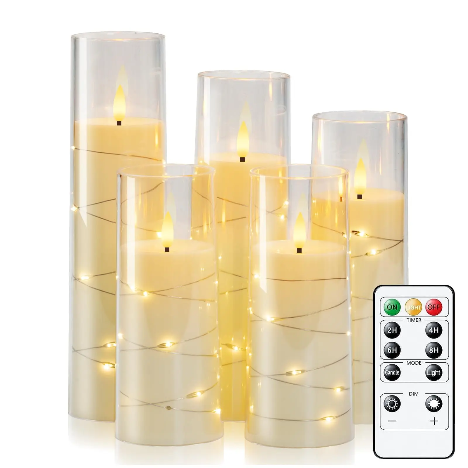 5-Pack Battery-Operated Acrylic Pillar Candles with Star String, Remote & Timer, 3D Flickering Adjustable Cableless 3D Candle Lights for Living Room Decor & Romantic Ambiance, Acrylic Candle Lights