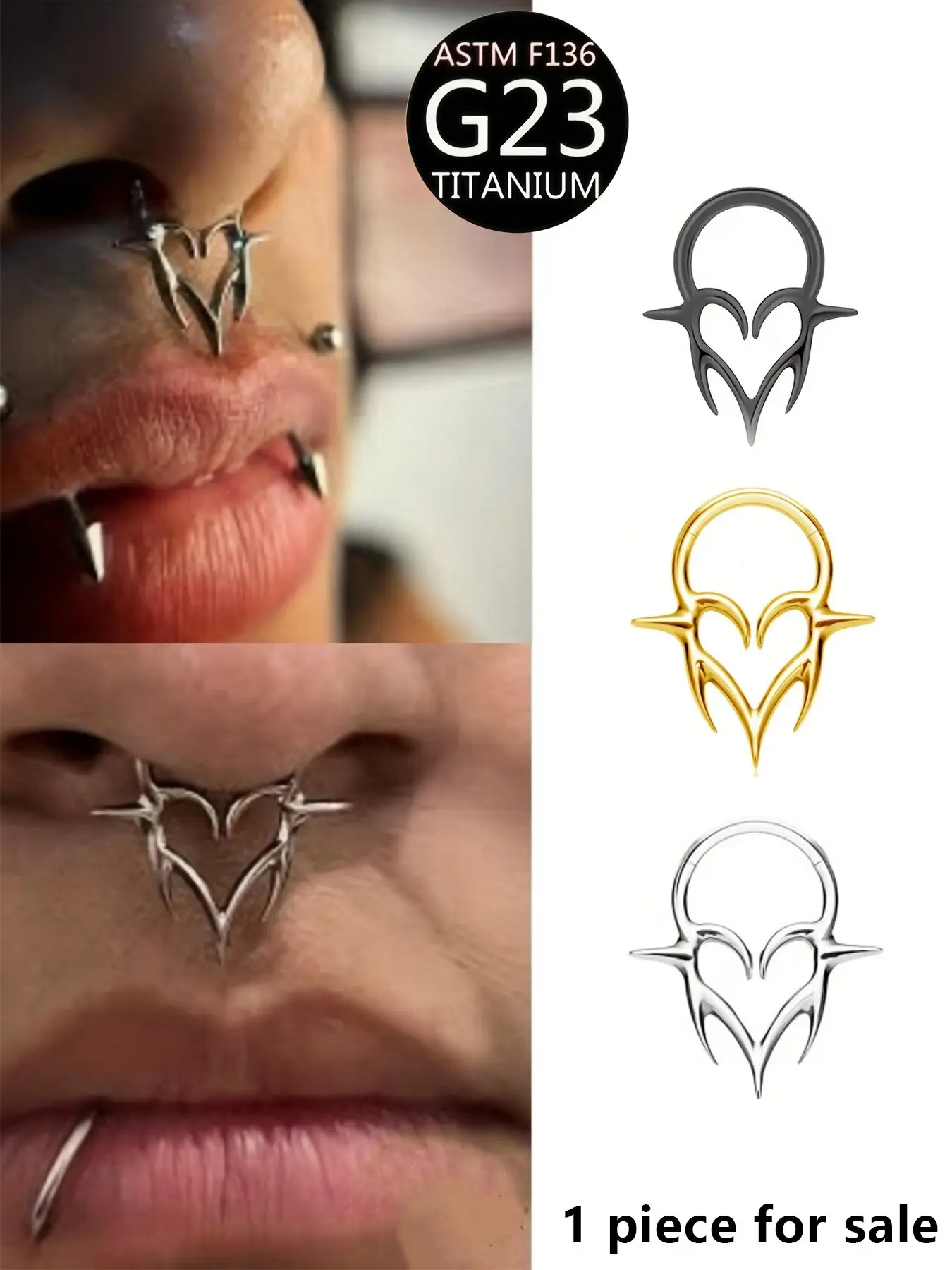 1 PC F136 Titanium Hinge Septum Ring, Heart-Shaped Spikes, Gothic Punk Style, 16g, Nose/cartilage/facial Piercings, All Seasons, Nose Piercing Jewelry