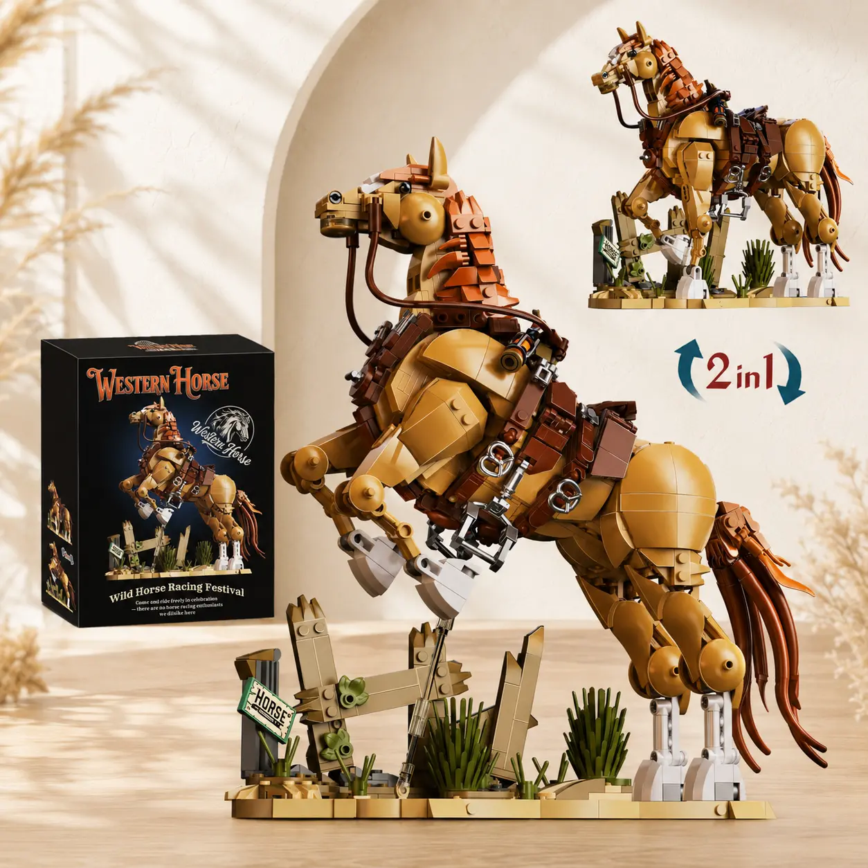 Western Horse Building Block Set, 1258-Piece 2-in-1 Articulated Animal Model with Movable Legs, Tail, Saddle & Desert Base, DIY Display Toy Home Decor Gift for Adults, Teens (Birthday, Christmas) men desktop decor build hands on
