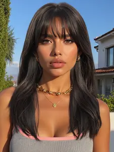 Women's Medium-Length Curly Wig with Bangs, Natural Look for Daily Wear, Travel, Parties & Events, Versatile Style for All Occasions, All Season Use Synthetic Hair Wigs