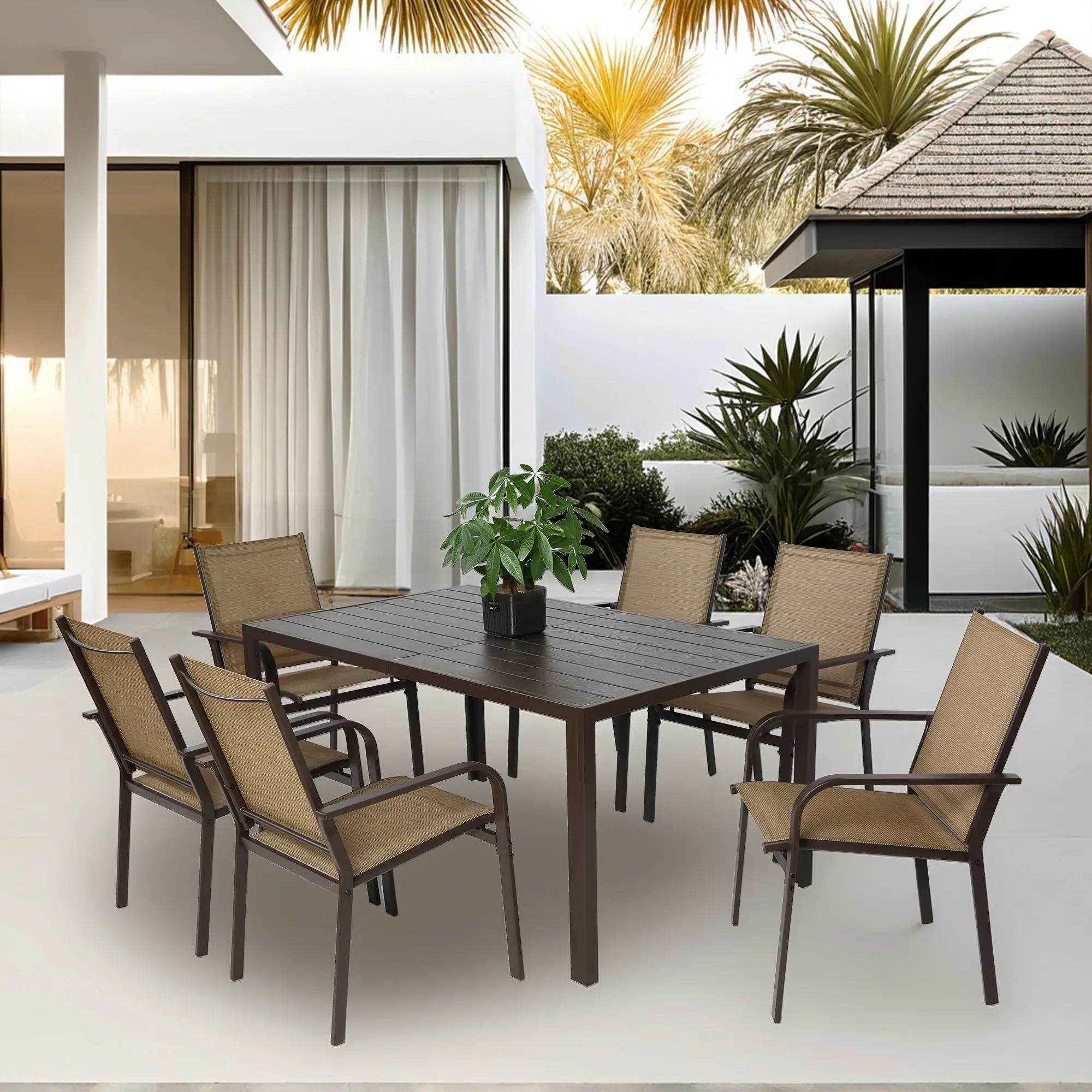 Modern 7-Piece Brown Outdoor Patio Dining Set - 6-Seat Weatherproof Set with Rectangular Table, Stackable Breathable Textilene Chairs, Dust-Coated Steel Frame, Assembly Required for Family Reunion, Meet Friends, Garden Backyard