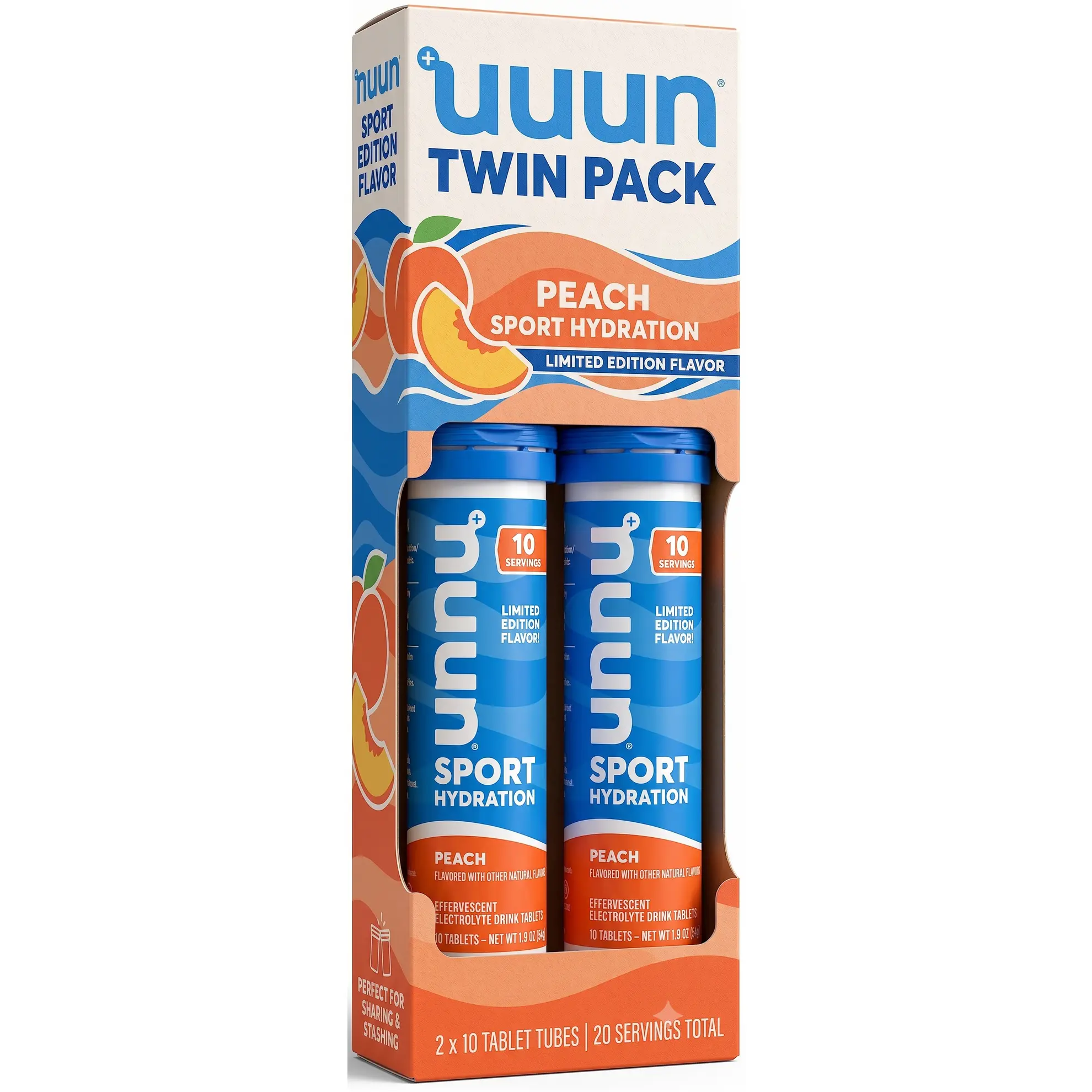 NUUN Sport PEACH Electrolyte Tablets with Magnesium, Calcium, Potassium, Chloride & Sodium, Gluten Free & Vegan Twin Pack Tube, 10ct Tablets Each