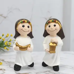 Middle Eastern Cartoon Dolls Set, Soft Adorable Smiling Face & Holding Lamp Moon Design, Colorful Diamond Hair Accessory Decorations, Living Room Decor, Cute Cartoon Figurine