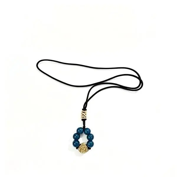Original Design Oriental Vintage Blue Grey Jade Circle Necklace 18K Gold Plated Accent Adjustable Rope