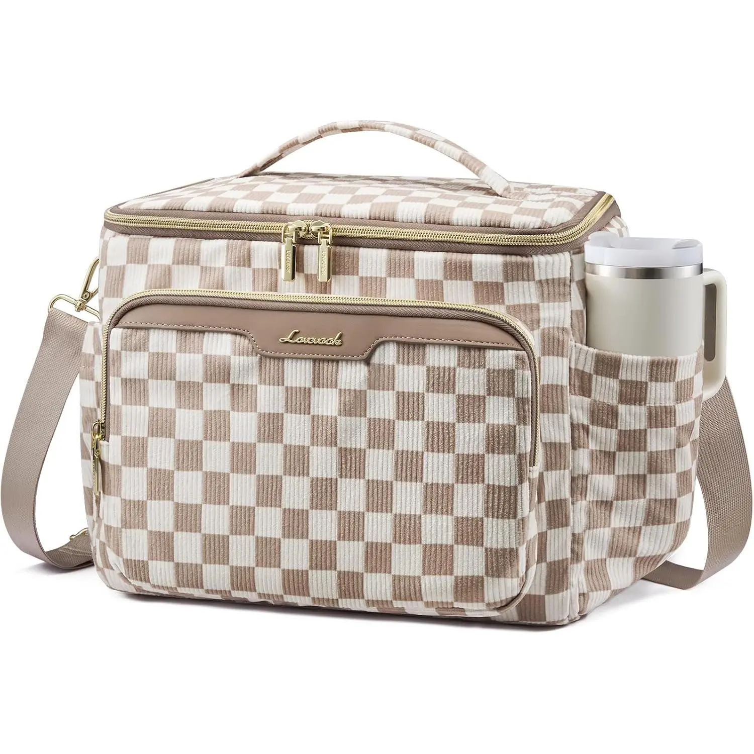 LOVEVOOK Corduroy Insulated Lunch Bag for Women, Cute Adult Lunch Box with Cup Holder, Wide Opening Leakproof Cooler Bag with Adjustable Shoulder Strap, Reusable Lunch Tote for Work Teacher