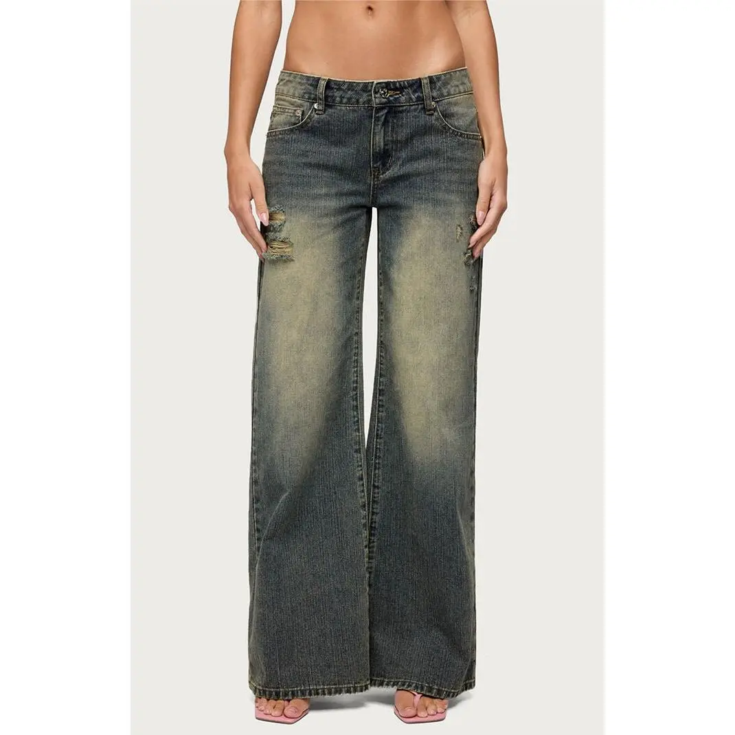 Edikted Women's Noor Distressed Low Rise Baggy Jeans