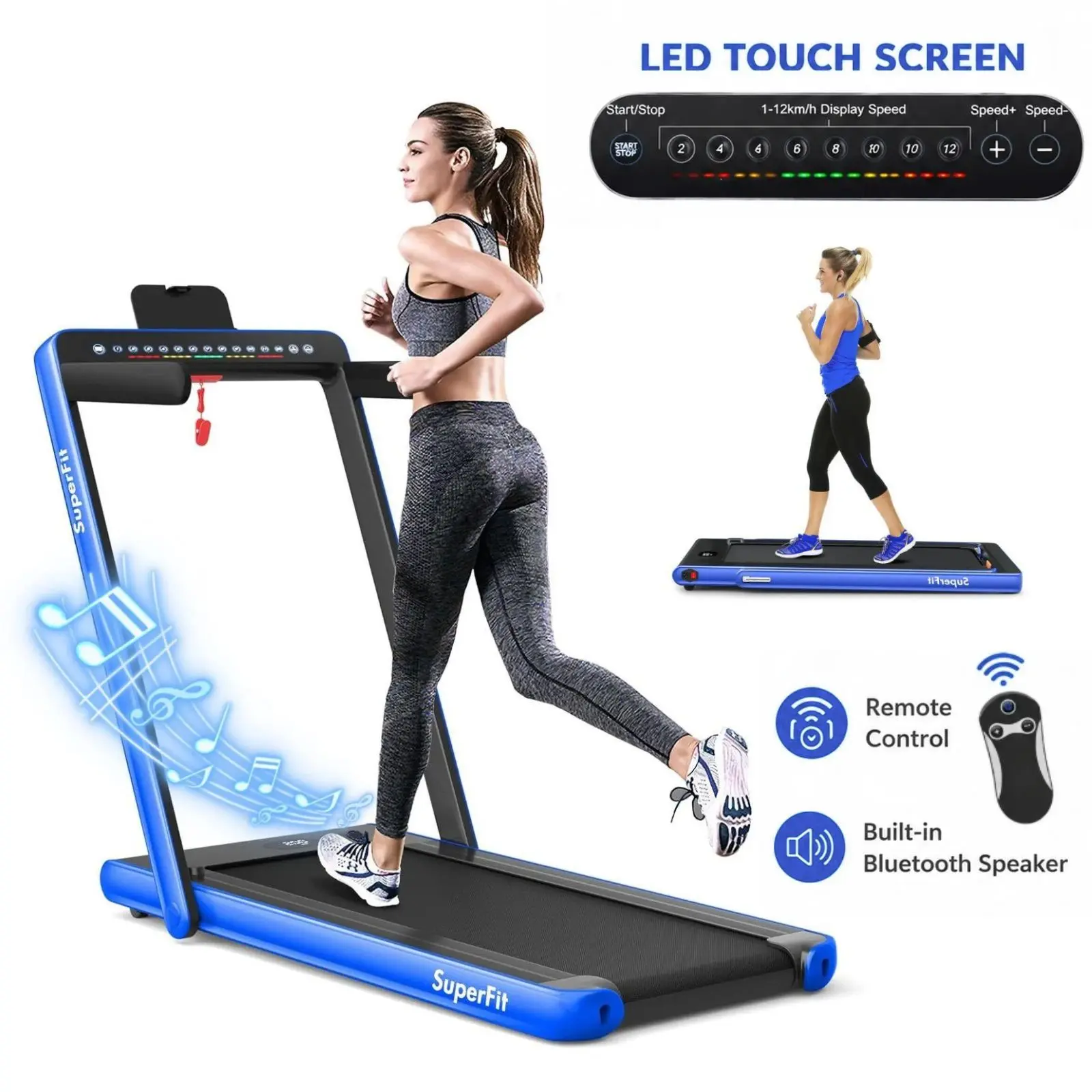 COSTWAY 2-in-1 Treadmill, 7.5MPH Under-Desk Electric Treadmill w/Dual Display, Bluetooth Speaker, APP & Remote Control, Speed Adjustable Portable Walking Pad Jogging Machine for Home