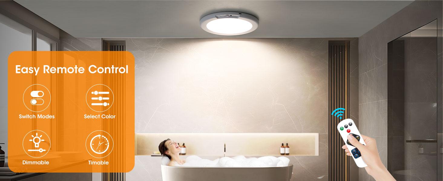 Rechargeable Motion Sensor Ceiling Light with Remote Control, Magnetic Wireless Battery Powered LED Light, Closet Shower Stairs Shed Hallway Night Light