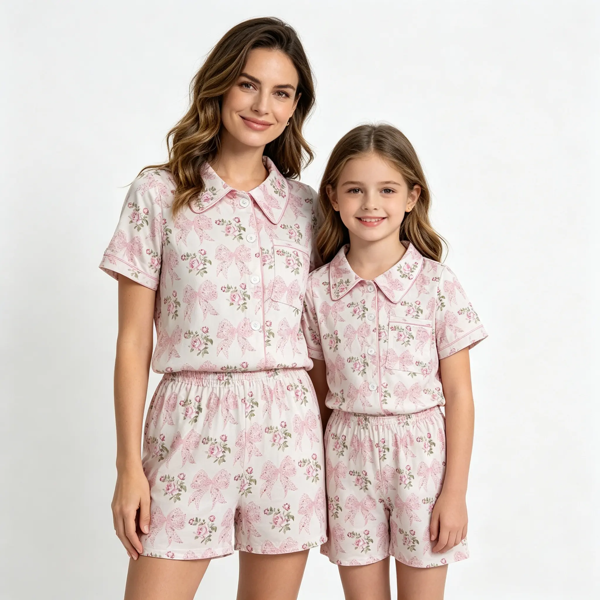 Women's 2-Piece Comfy Nightwear Set - Cute Floral Print, Shortsleeve Stretchy Cotton Spandex Fabric Loungewear, Mom & Me Matching Sleepwear, Pajama Set, Matching Sets