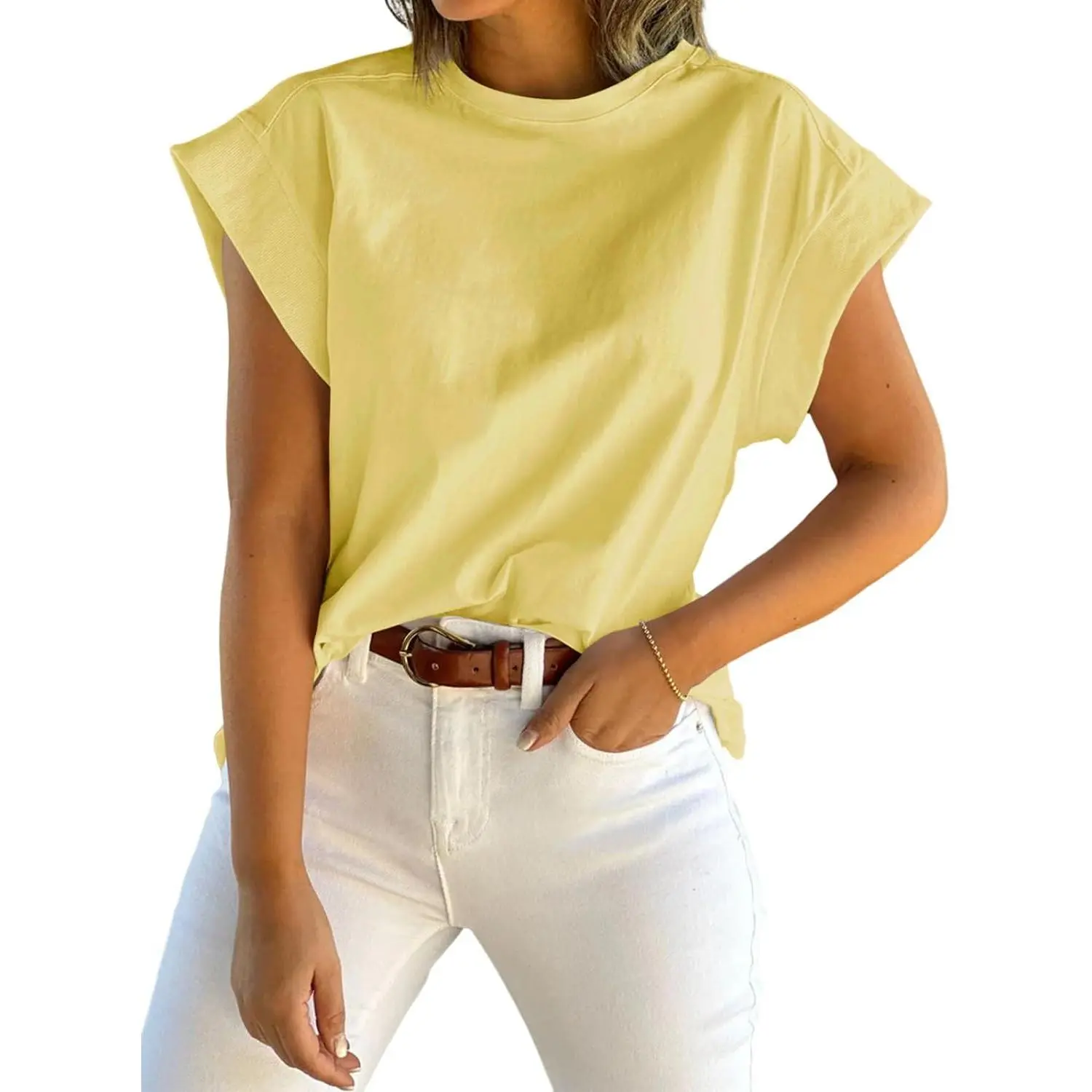 PASLTER Women's Summer Comfortable Cap Sleeve Tank Top Crew Neck Solid Casual Loose Fit Basic Tee Shirt Womenswear