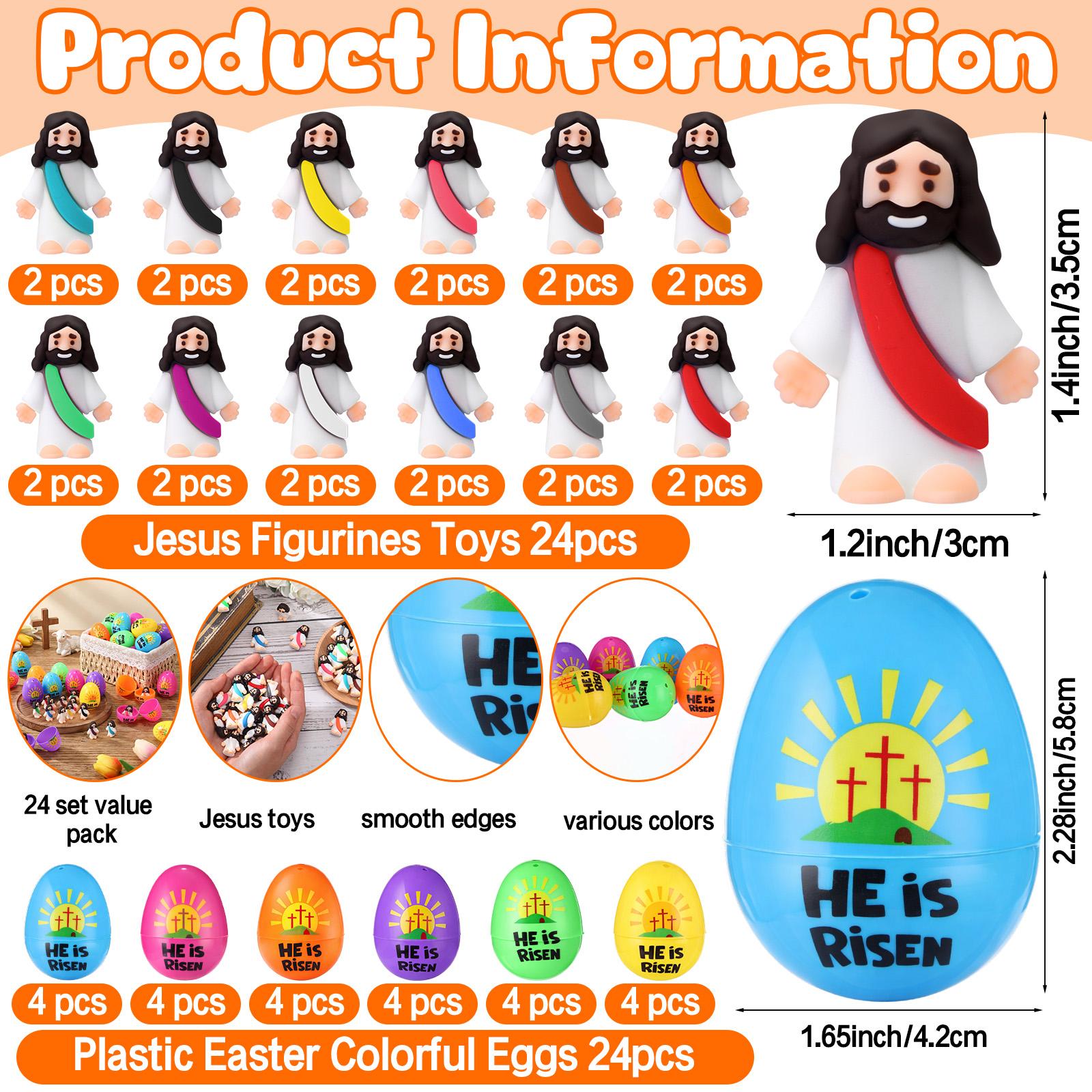 12set/24set/30set/36set/48set/50set/60set Prefilled Easter Eggs with Mini Jesus Figures for Easter Egg Hunt Basket Stuffers Fillers He Is Risen Easter Eggs Filled with Mini Jesus Figures for Boys Girls Outdoor Play Classroom Prize Easter Party Favors