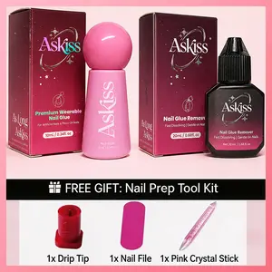 ASKISS Press-on Nail Glue and Remover Set | 14+ Days Long Lasting Ultra Strong Hold | 10ml Glue & 20ml Gentle Debonder | No-Damage Removal for Press on Nails at home | Salon Quality Mani Kit | Bond & Remove Duo, Waterproof & Odor-Free, No UV needed outdoo