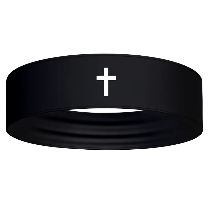 Black White Cross Stretch Headband - Christian Jesus Faith God Workout Sweatband Football Basketball Soccer Running Baseball Softball Weightlifting Wrestling Athletic Fitness Distressed Accessories Bible Verse Head Band Sweat Band Bandana