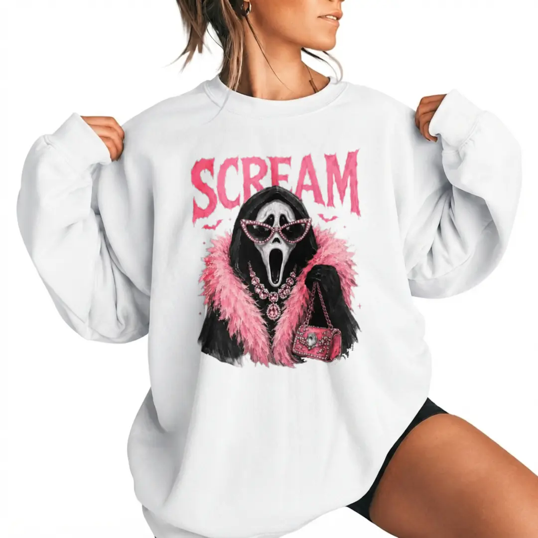 Women's Boujee Scream Ghostface Pullover Sweatshirt - Pink Feather Boa Accent, Halloween Crewneck, Funny Glam Horror Top, Trendy Y2K Spooky Season Wear