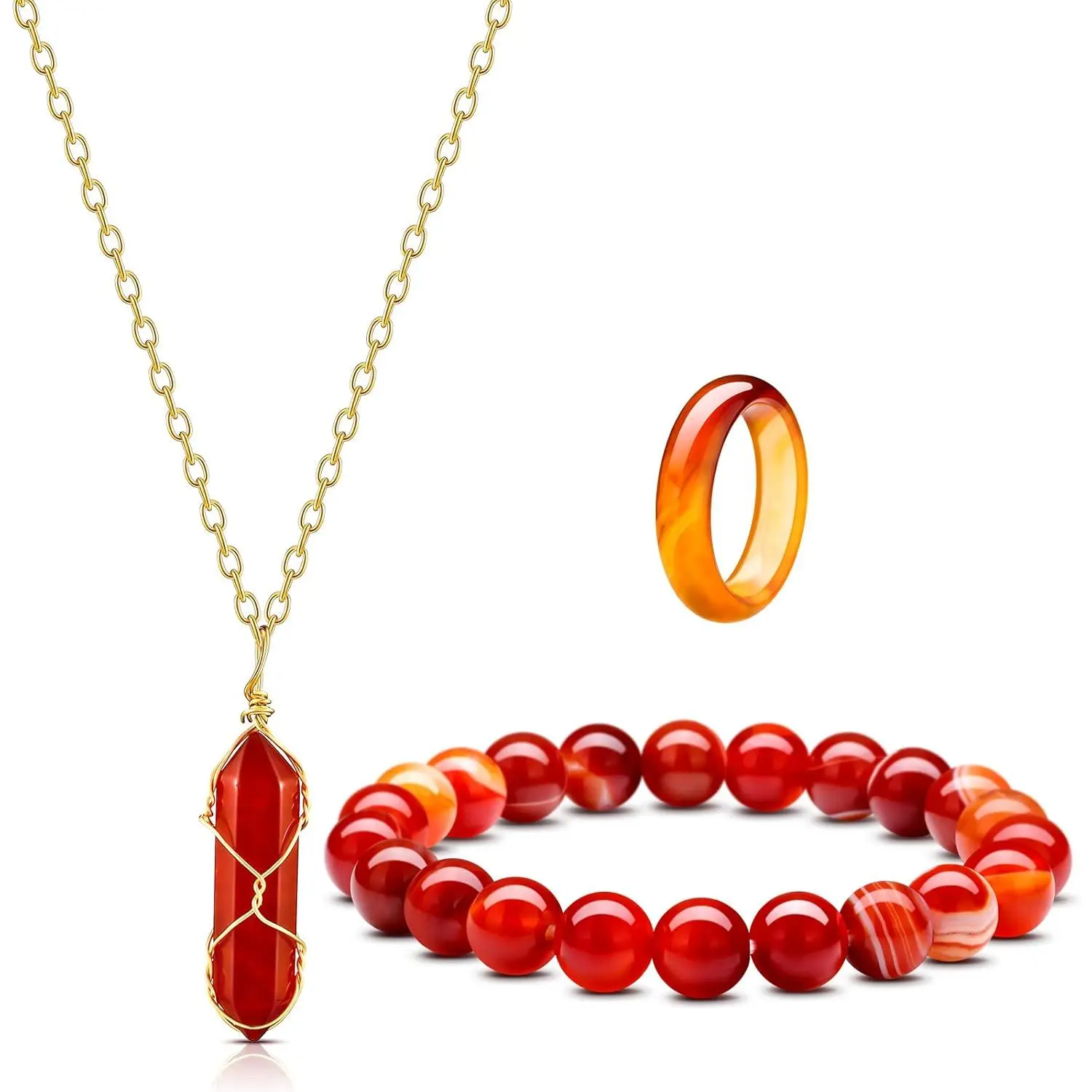Carnelian Crystal Jewelry Set - Women's Necklace, Red Carnelian Ring, Gemstone Bracelet, Crystal Quartz Chakra Piece for Relief, Courage, Loyalty, Stress Reduction & Positive Energy