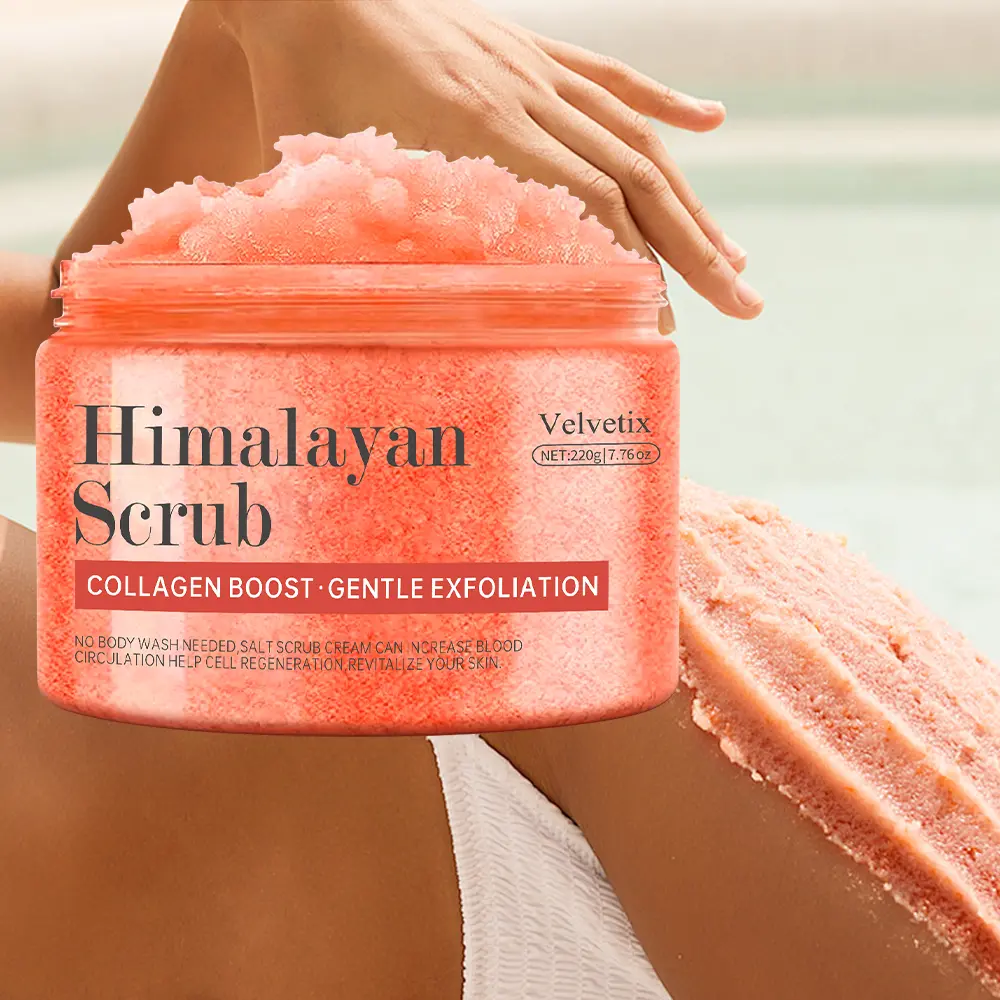 Velvetix Himalayan Salt Scrub – Deep Exfoliating Body, Face & Hand Scrub with Collagen, Aloe Vera, Coconut & Jojoba – Moisturizing & Skin Repair Care#Summervibes