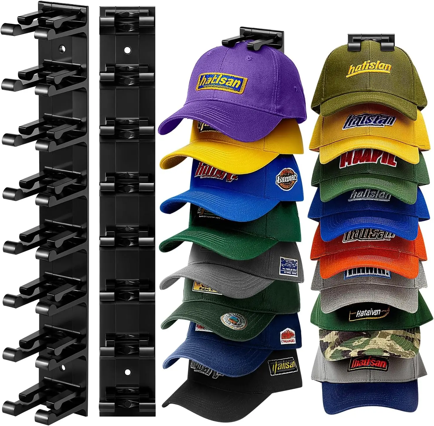 Hat Organizer for Baseball Caps, 2 Pack Hat Rack for Wall Closet Door Hold up to 16 Hats,Hat Holder with Adhesive and 8 Screws, Hat Hanger Cap Holder Hat Hangers for Wall Closet Door Bedroom(A-Black)