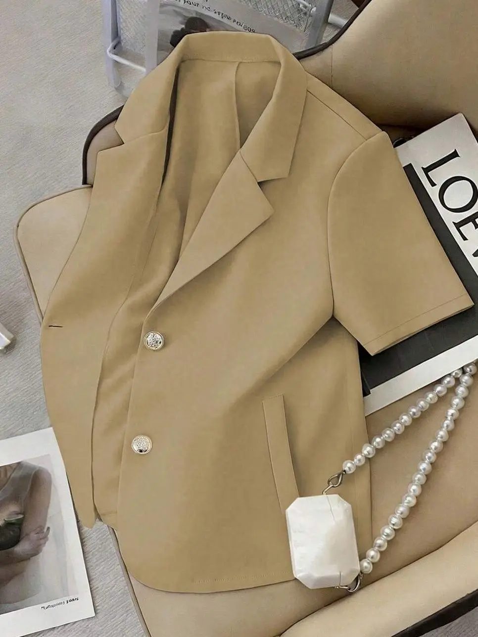 Women's Solid Color Short Sleeve Blazer Jacket, Minimalist Business Casual Office Coat, Lightweight Workwear, Smart Casual Career Outfit for Spring Summer