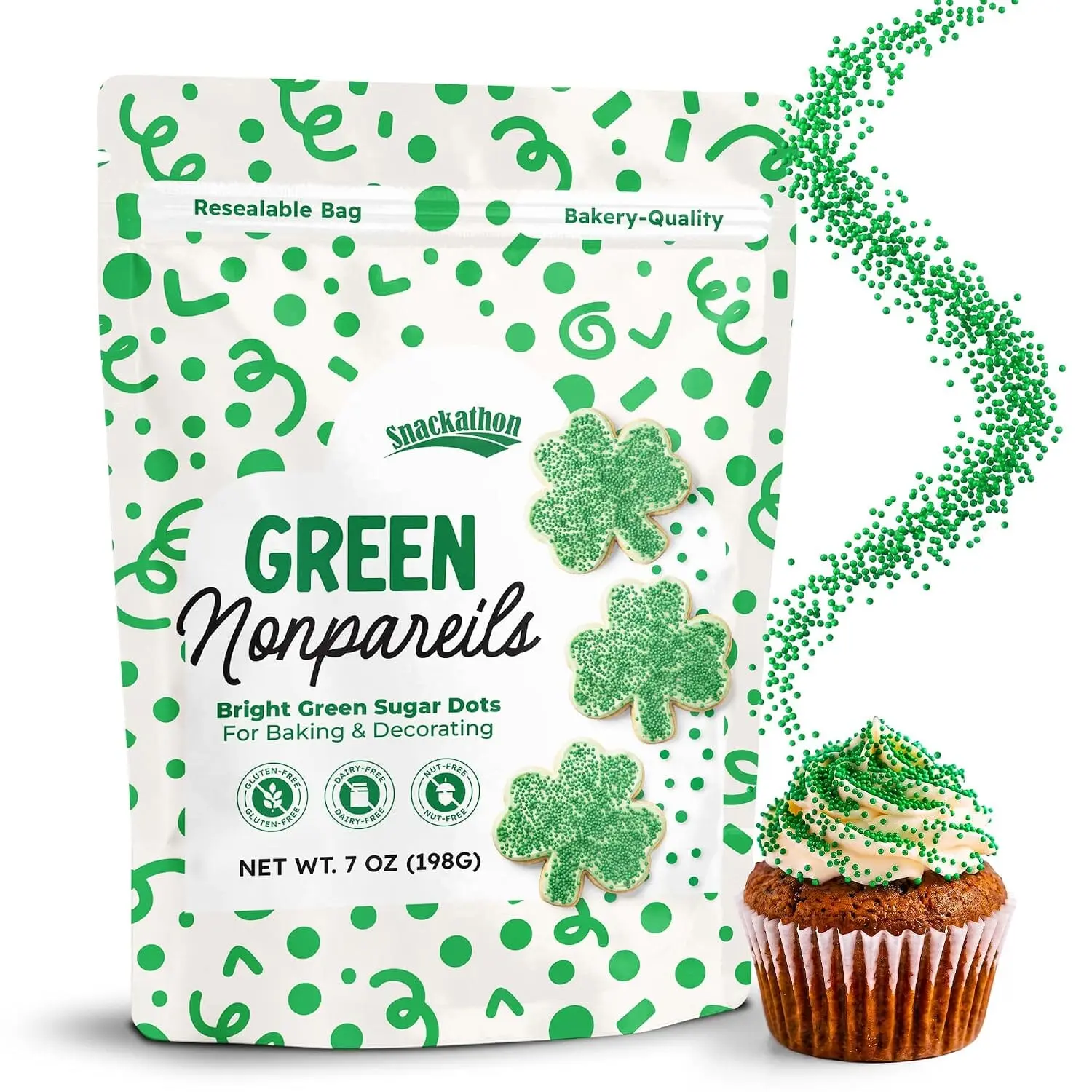 Snackathon Green Nonpareils Sprinkles, 7 oz, Festive Sugar Dot Sprinkles, Vibrant Green Candy Dot Toppings, Gluten Free Edible Holiday Baking Decorations for Cake Pops, Ice Cream, Cupcakes & Desserts