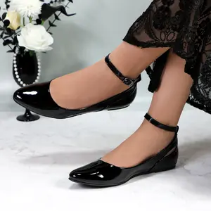 Women's Ballet Flats Patent Leather Pointed Toe Solid Color Flat Shoes with Adjustable Ankle Strap Girl Fashion Comfortable Casual Dressy Shoes for Work Office Daily Wear
