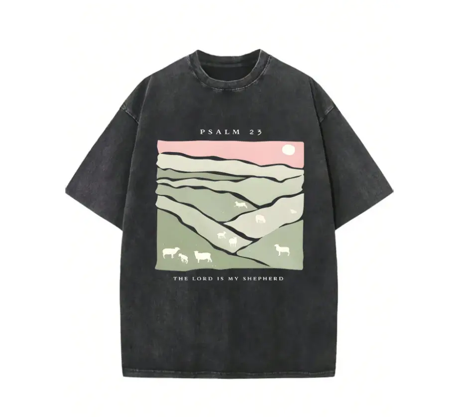 Vintage Washed "The Lord Is My Shepherd" Graphic Tee | Premium Pure Cotton Crew Neck Short Sleeve Tops, Vintage Finish Summer Outdoor Sports Apparel, Unisex Daily Casual Streetwear Suitable for Men and Women