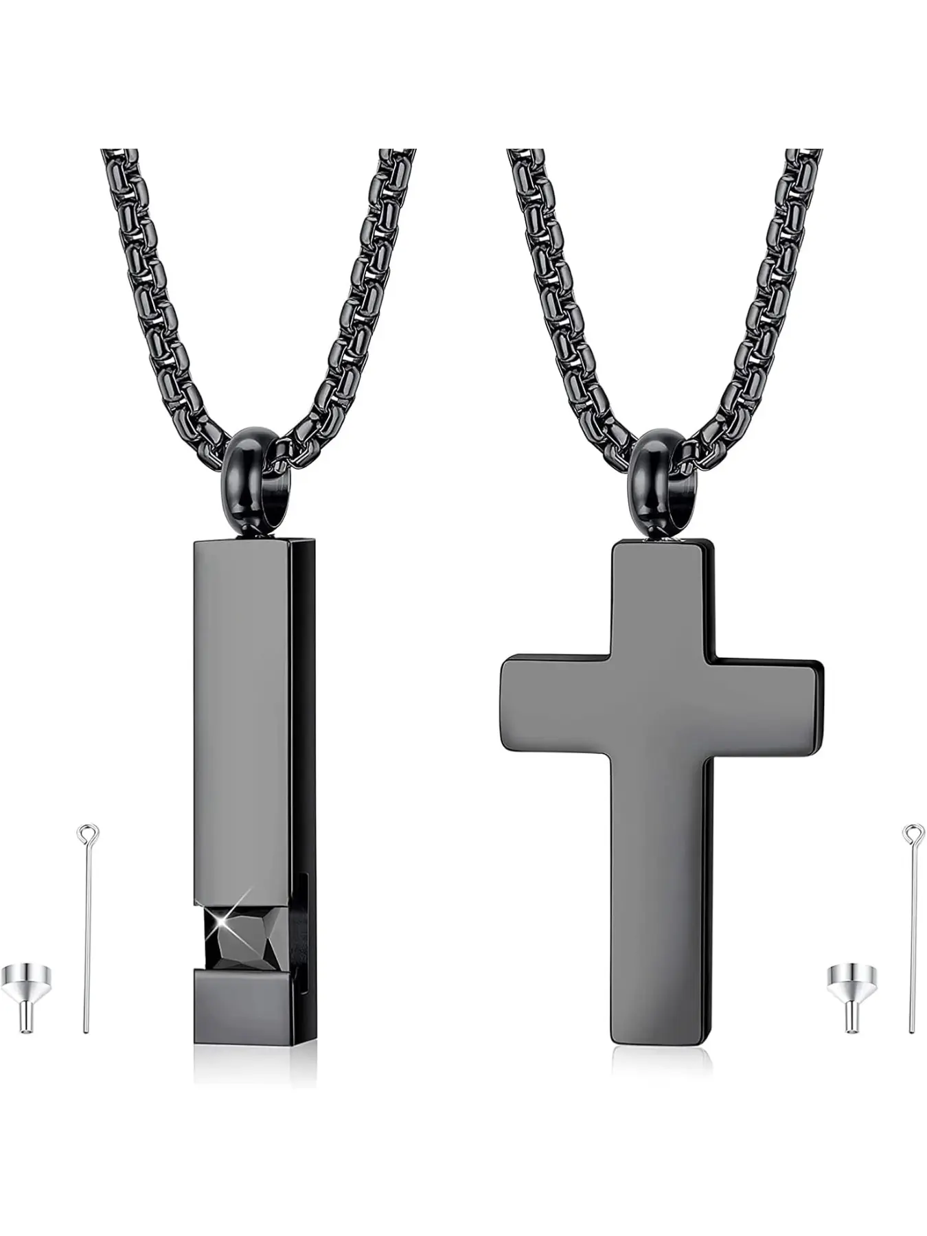 2 Piece Urn Necklaces for Ashes Fireworks Memorial Stainless Steel Cross Chain Design Cube Pendant with Zirconia Intarsions Souvenir Necklace Length 56CM Chain Jewelry