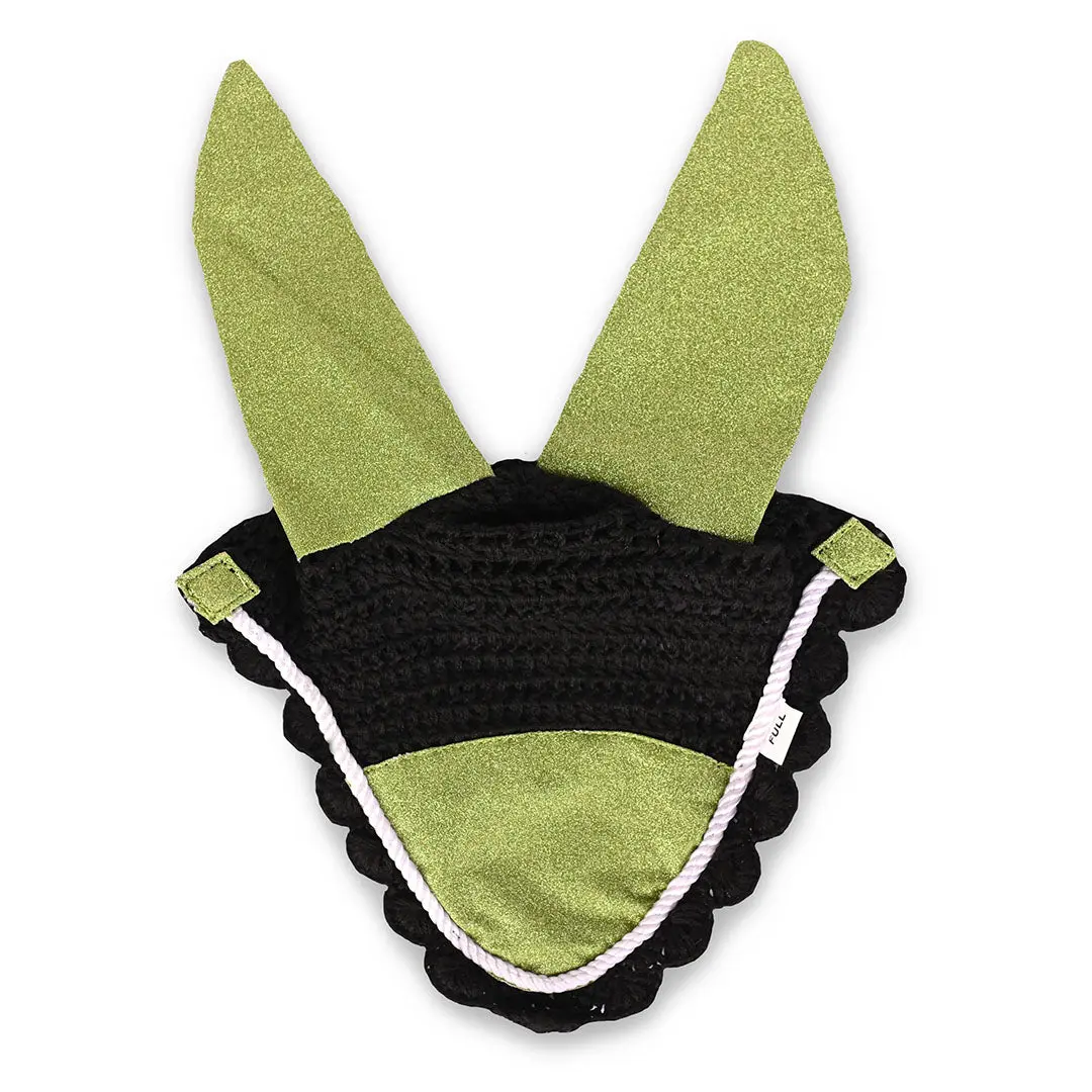 Lemongrass Fly Hat | Green Glitter Horse Fly Bonnet, Silver Lining, Black Knitted Base | Equestroom