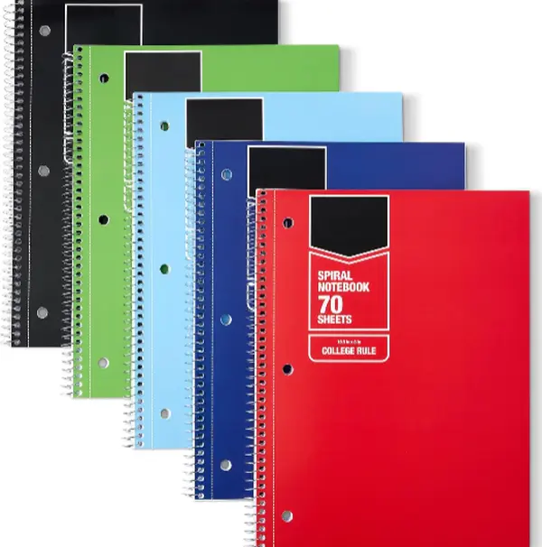 College Ruled Spiral Notebook, For Work and School, 70 Sheets, 8" x 10.5", Assorted Solid Colors, 5 pack